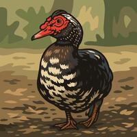 Standing Duck Illustration in Forest Setting with Bold Color Palette vector