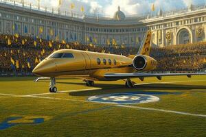 An airplane parked on a vast field in Saint-Petersburg, with a clear sky and open space around it. The juxtaposition of the aircraft against the natural landscape creates an intriguing contrast. photo