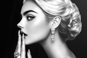 A striking black and white portrait of a beautiful young woman showcasing luxurious makeup and a sophisticated manicure, highlighting elegance and style photo