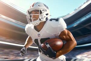 A dynamic shot of an American football player wearing a helmet, holding a ball, with a blurred stadium background, capturing the intensity and motion of the game photo