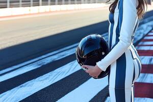 A young woman holding a racing helmet with a blurred asphalt road in the background, capturing the spirit of motorsports photo