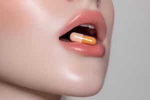 A close-up shot highlighting flawless female lips with a medicine capsule placed on them, showcasing perfect makeup and intricate details photo