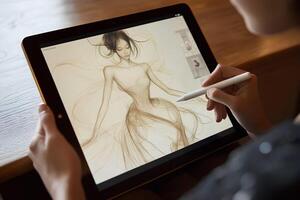 A close-up shot of a woman's hand holding a digital tablet, displaying a drawing of a female body, showcasing the intersection of art and technology photo