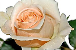 A delicate close-up shot of a white rose, with crystal-clear water droplets resting on its soft petals, highlighting the elegance and freshness of the flower photo