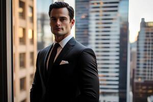 A professional portrait of a handsome young businessman wearing a suit, confidently standing in front of a towering skyscraper, embodying success and ambition photo