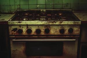 A vintage gas stove covered in dust and rust in an abandoned kitchen. Selective focus and moody tones create a nostalgic and eerie atmosphere photo