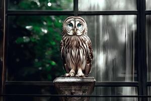 A captivating owl perched on a windowsill in the soft evening light, captured in vintage style, evoking a sense of mystery and tranquility photo