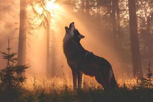 A majestic wolf Canis lupus standing in a misty forest at sunrise, with soft light filtering through the trees, creating a mystical and wild atmosphere photo