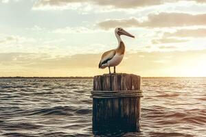 A peaceful scene of a pelican perched on a wooden pole as the sun sets over the waters of Florida, creating a serene atmosphere photo