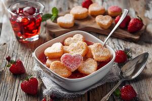 Delicious heart-shaped cookies filled with jam and topped with fresh berries, beautifully arranged on a rustic wooden table photo