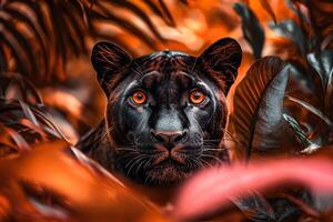 A striking image of a black panther with glowing red eyes prowling through the dense forest, capturing the intense and mysterious atmosphere of the wild photo