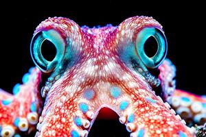 A detailed close-up of the head of a red octopus Octopus vulgaris, showcasing its intricate features, including the eyes and texture of the skin photo