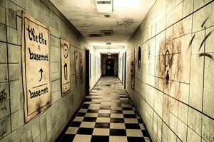 An eerie and atmospheric shot of an abandoned hospital corridor, featuring peeling walls and graffiti, creating a sense of decay and urban exploration photo