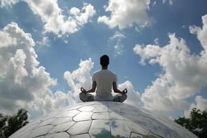A peaceful scene of a man meditating in the lotus position atop a dome, surrounded by the vast open sky, embodying calm and tranquility photo