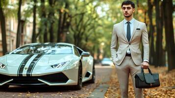 confident young man in a sharp suit, holding a briefcase, with a luxury car parked behind him, exuding success and sophistication photo