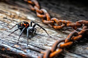 A detailed close-up of a black spider perched on a rusty chain, set against a textured wooden background, highlighting its intricate features photo