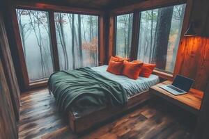Cozy wooden bed with soft pillows and a laptop placed on the windowsill, creating a peaceful and comfortable cottage atmosphere photo