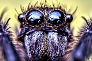 Close-up macro photograph of a jumping spider, showcasing intricate details with a shallow depth of field photo