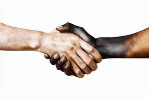 A powerful image of a black man and a white woman shaking hands, symbolizing unity and collaboration, set against a clean white background photo