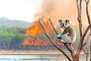 A koala sits on a tree near us and looks at the camera photo