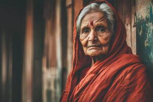 A dignified portrait of an elderly Indian woman wearing a bright red raincoat, capturing her wisdom and unique style photo