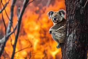 A cute koala perched on a tree, gazing directly at the camera with its curious expression photo