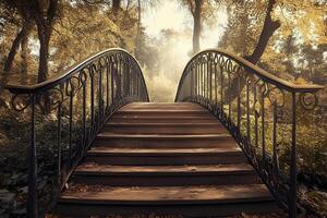 Charming wooden bridge crossing a stream in a vibrant autumn forest with colorful fall foliage photo