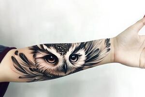 Close-up of an intricate owl tattoo on a hand, designed with a Halloween theme, showcasing detailed artwork and spooky vibes photo