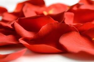 Delicate red rose petals scattered on a clean white background, creating a romantic photo