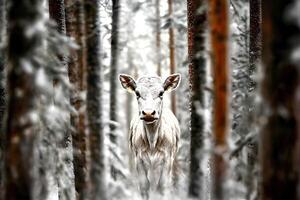 White deer with a funny expression standing in a snowy winter forest surrounded by tall trees photo