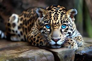 A majestic jaguar with striking blue eyes resting in a zoo in Thailand, showcasing its powerful presence and exotic beauty photo