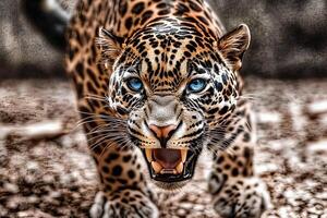 A striking close-up portrait of a leopard with mesmerizing big blue eyes, showcasing its wild beauty and intense gaze photo