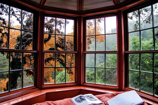 A serene scene featuring a book placed on a windowsill, with a beautiful view of nature outside, creating a peaceful and tranquil atmosphere photo