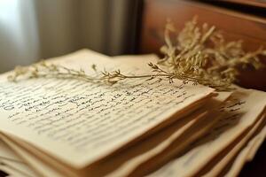 A vintage scene featuring an old book and dried flowers arranged on a table, captured with selective focus, evoking nostalgia and timeless beauty photo