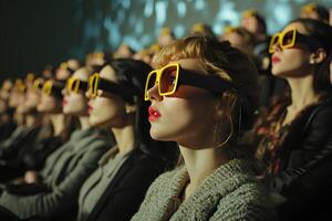Stylish group of women wearing sunglasses, posing at a fashion show held in a cinema, exuding elegance and confidence photo