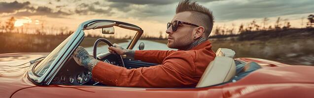 A handsome man driving a sleek cabriolet during a summer sunset, capturing the essence of freedom, style, and adventure in the golden light photo