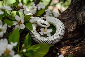 A close-up of a white snake gracefully resting on a branch of a blossoming apple tree, surrounded by delicate flowers, creating a beautiful contrast between nature and wildlife photo