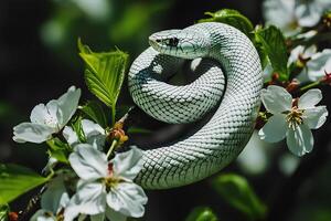 A close-up view of a white snake delicately resting on a branch of a blooming tree, with vibrant flowers in the background, capturing the beauty of nature and wildlife photo