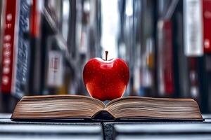 An open book with a red apple placed on the table, surrounded by bookshelves in a library, symbolizing education and learning photo