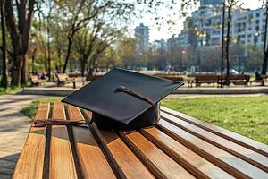 A graduation cap placed on a wooden bench in a peaceful park setting, symbolizing the completion of education and the beginning of new journeys photo