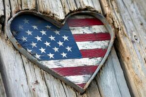 The United States flag creatively arranged in a heart shape on a weathered wooden wall, symbolizing love for the country and patriotism photo