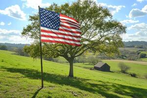 The American flag proudly waving in the wind on a lush green meadow, with a peaceful farm and open fields in the background, symbolizing rural pride and freedom photo
