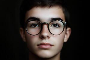 A striking portrait of a handsome young man wearing glasses, with a moody dark background highlighting his features photo