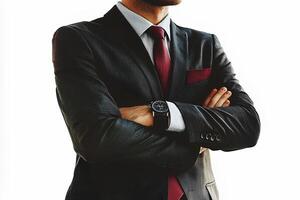 A cropped image of a confident businessman in a suit, with arms crossed, against a clean white background, symbolizing professionalism and authority photo