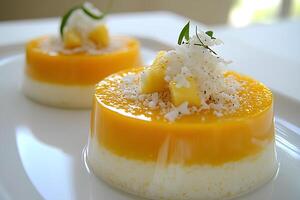 A delicious serving of creamy mango pudding topped with coconut flakes, elegantly arranged on a clean white plate, offering a tropical and refreshing dessert experience photo