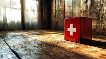 A Switzerland flag proudly displayed on a wooden block inside a room with a window, creating a warm and inviting atmosphere while highlighting the national symbol photo