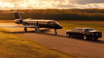 A stunning rear view of a private jet and a passenger plane soaring through the sky at sunset, creating a beautiful contrast against the vibrant sky photo