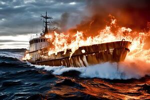 A dramatic scene of a tanker burning in the sea at sunset, with intense flames and thick smoke rising against the vibrant colors of the setting sun, creating a striking and tragic image photo