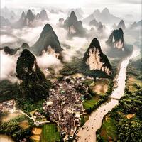Stunning view of karst mountains and a traditional village in China, showcasing breathtaking natural scenery photo