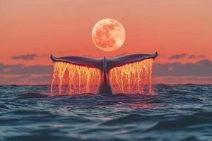 Majestic humpback whale swimming in the ocean at sunset, creating a serene and beautiful scene photo